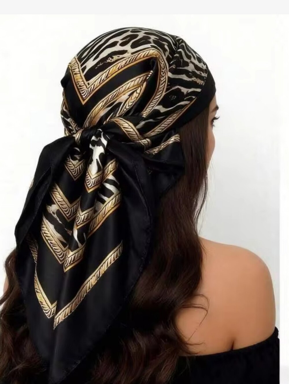 Designer-Inspired Leopard Print Silk Scarf with Gold Trim - Black/White (NWOT) - Picture 7 of 7